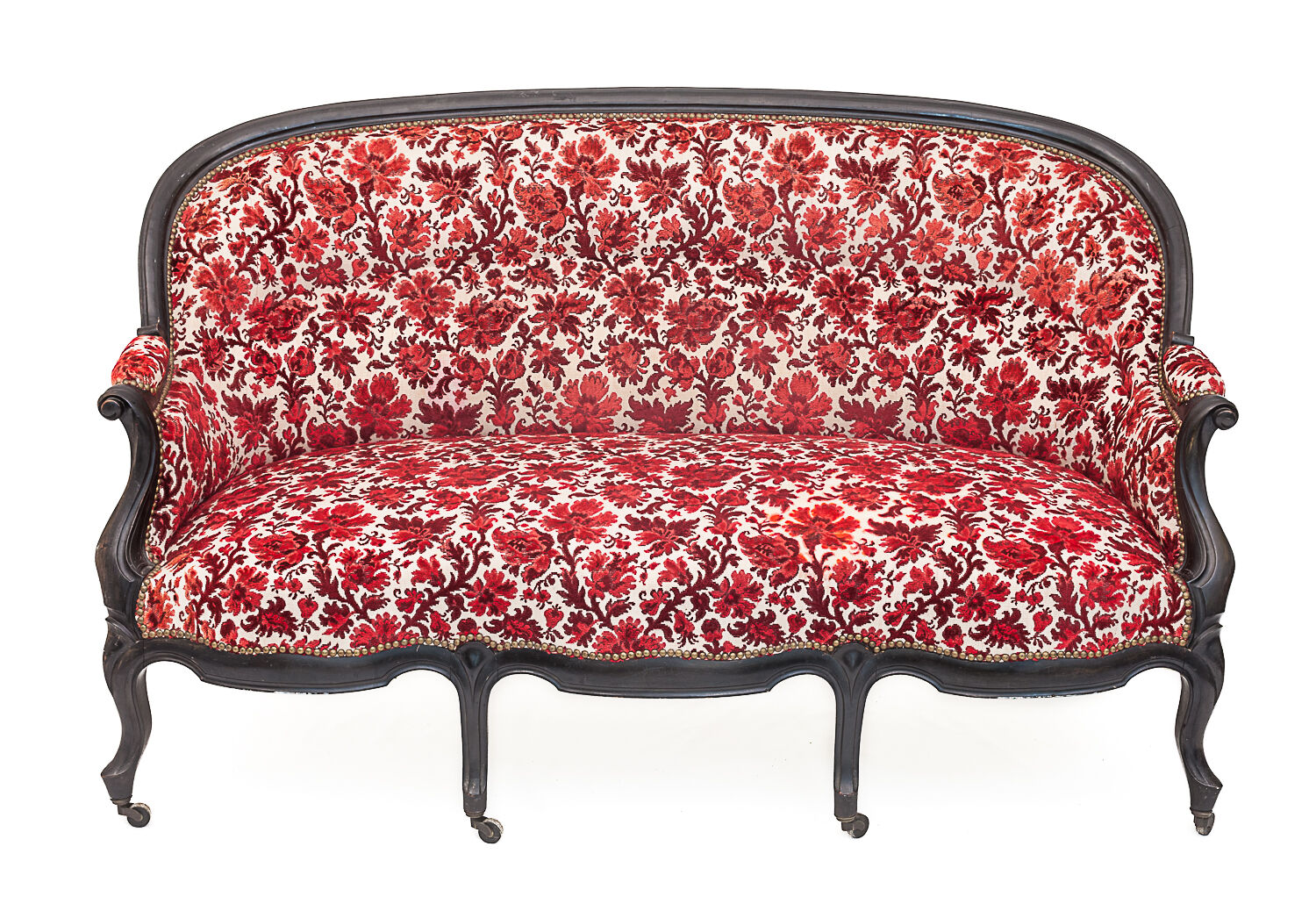 Carved wooden bench, silk velvet, 1930