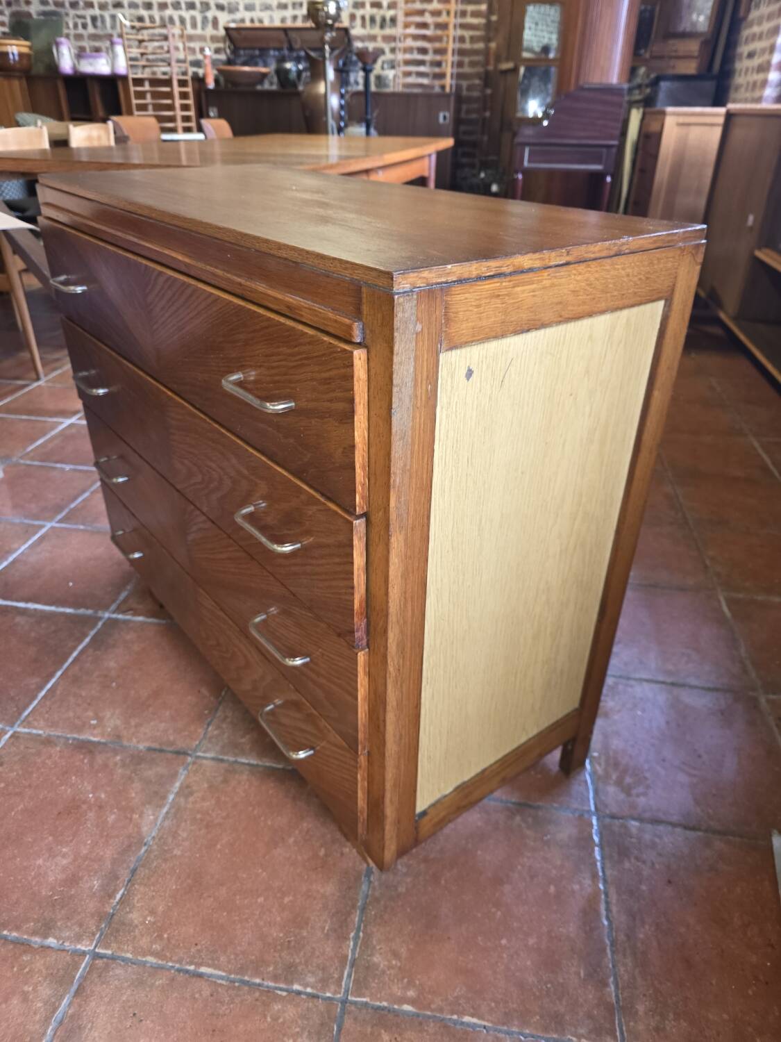Vintage oak chest of drawers with herringbone patterns from the 1960s.