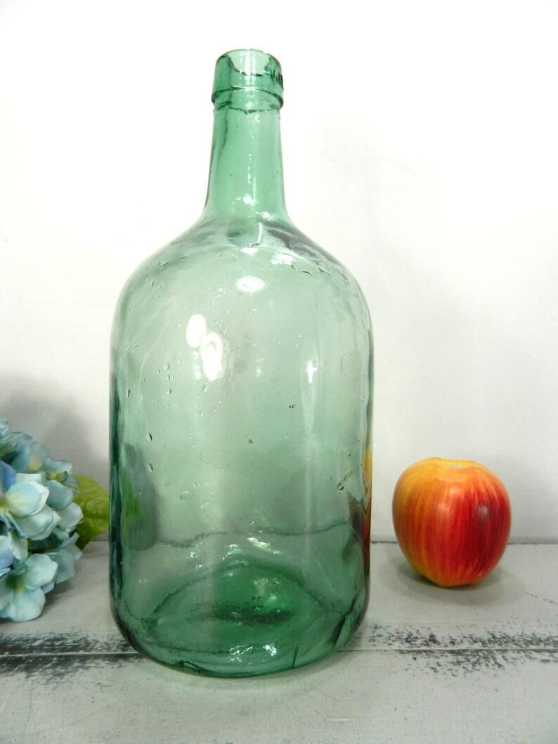 Dame Jeanne Viresa 2 liters, aqua green glass, vintage.