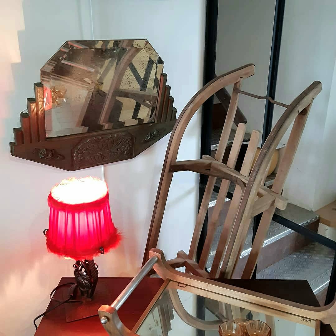 Mirror, art deco, wood, khaki patina, bevelled mirror