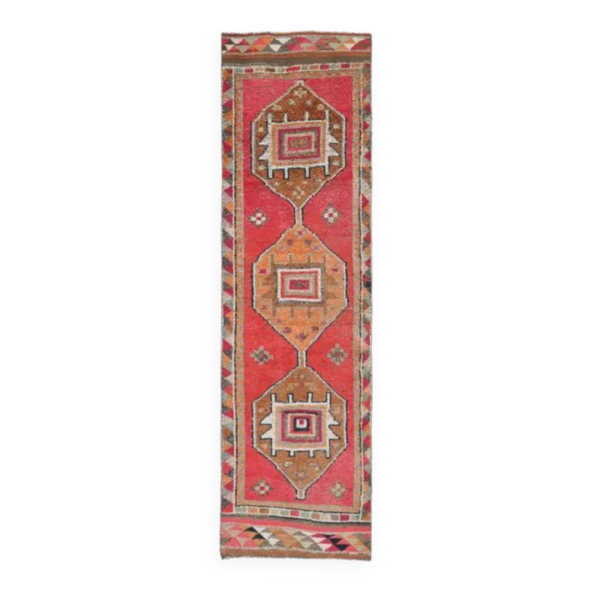 1970s Vintage Turkish Hand-Knotted Wool Cotton Pink Runner Rug