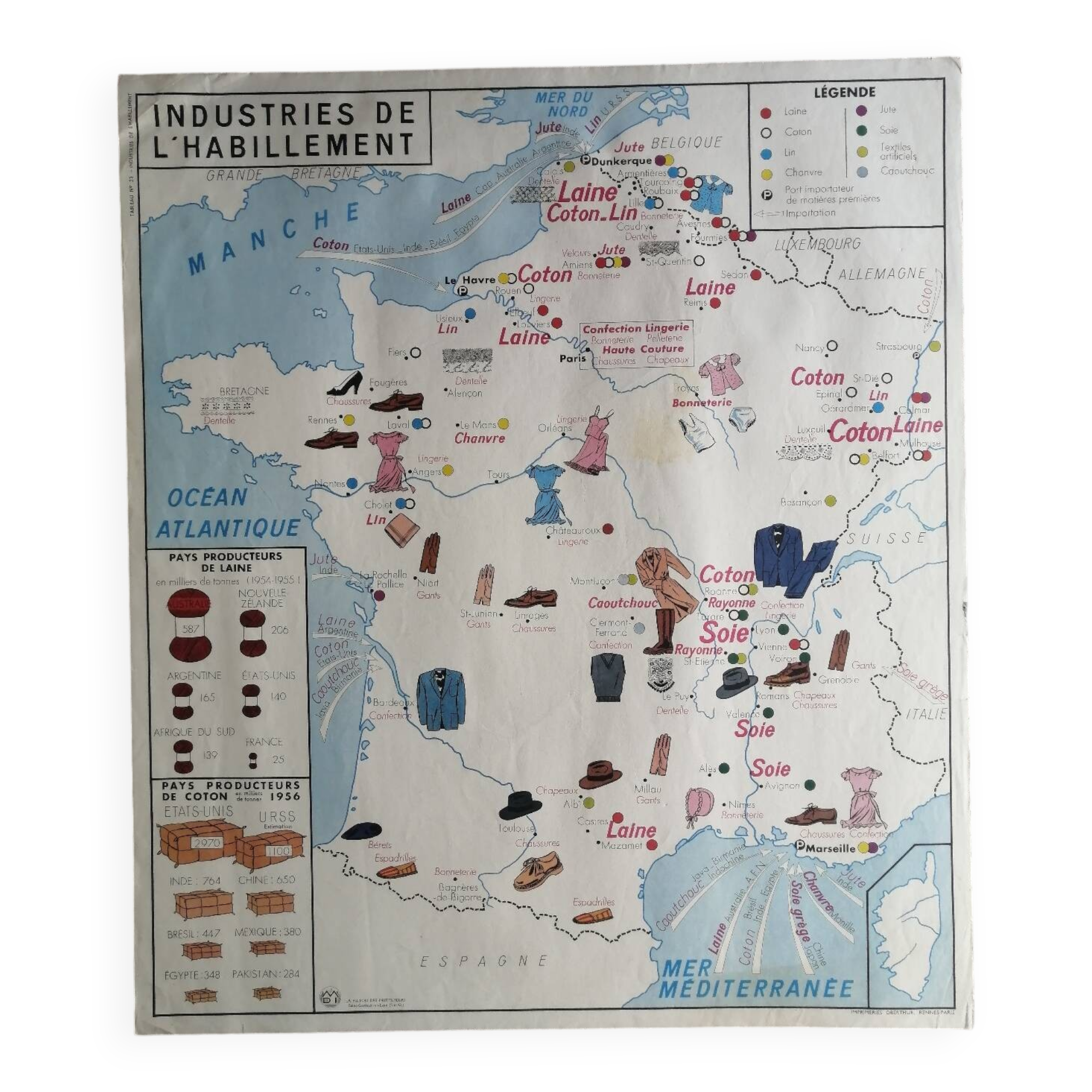 Vintage school map of France "Commerce and Clothing"
