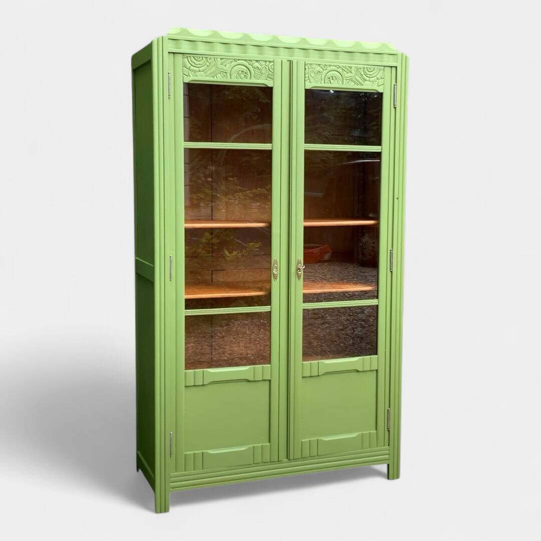 Armoire parisienne vitrée art déco 1930 kaki