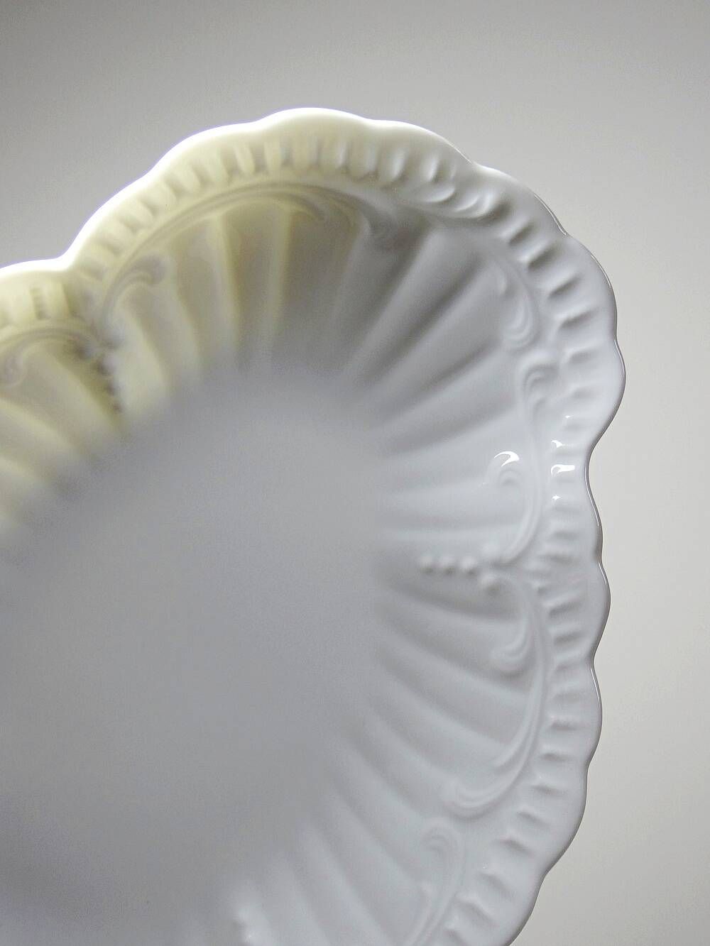 Vintage duo of Chastagner Limoges serving dishes, white rocaille porcelain.