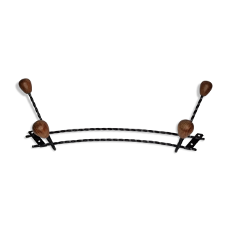 Vintage wood and wrought iron wall rack from the 1950s