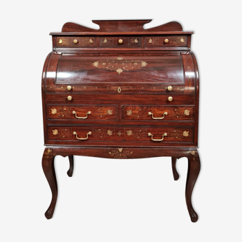 Mahogany cylinder desk and marquetry circa 1900-1920