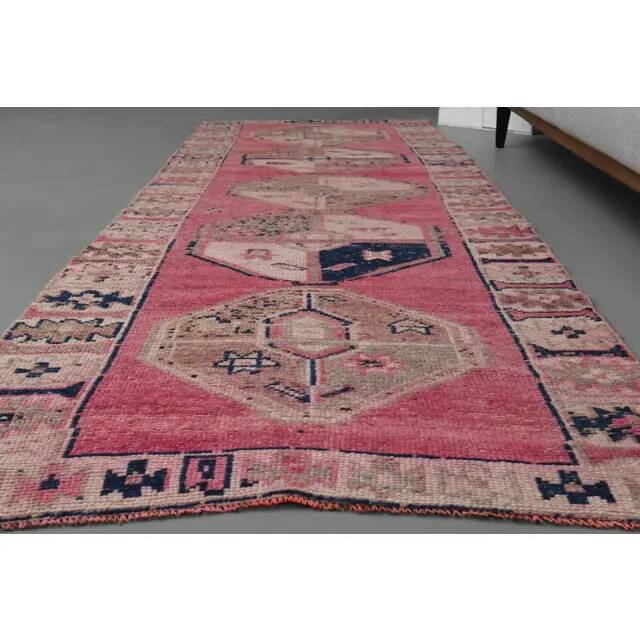 Vintage Turkish Hand-Knotted Wool Cotton Pink Runner Rug 100x335