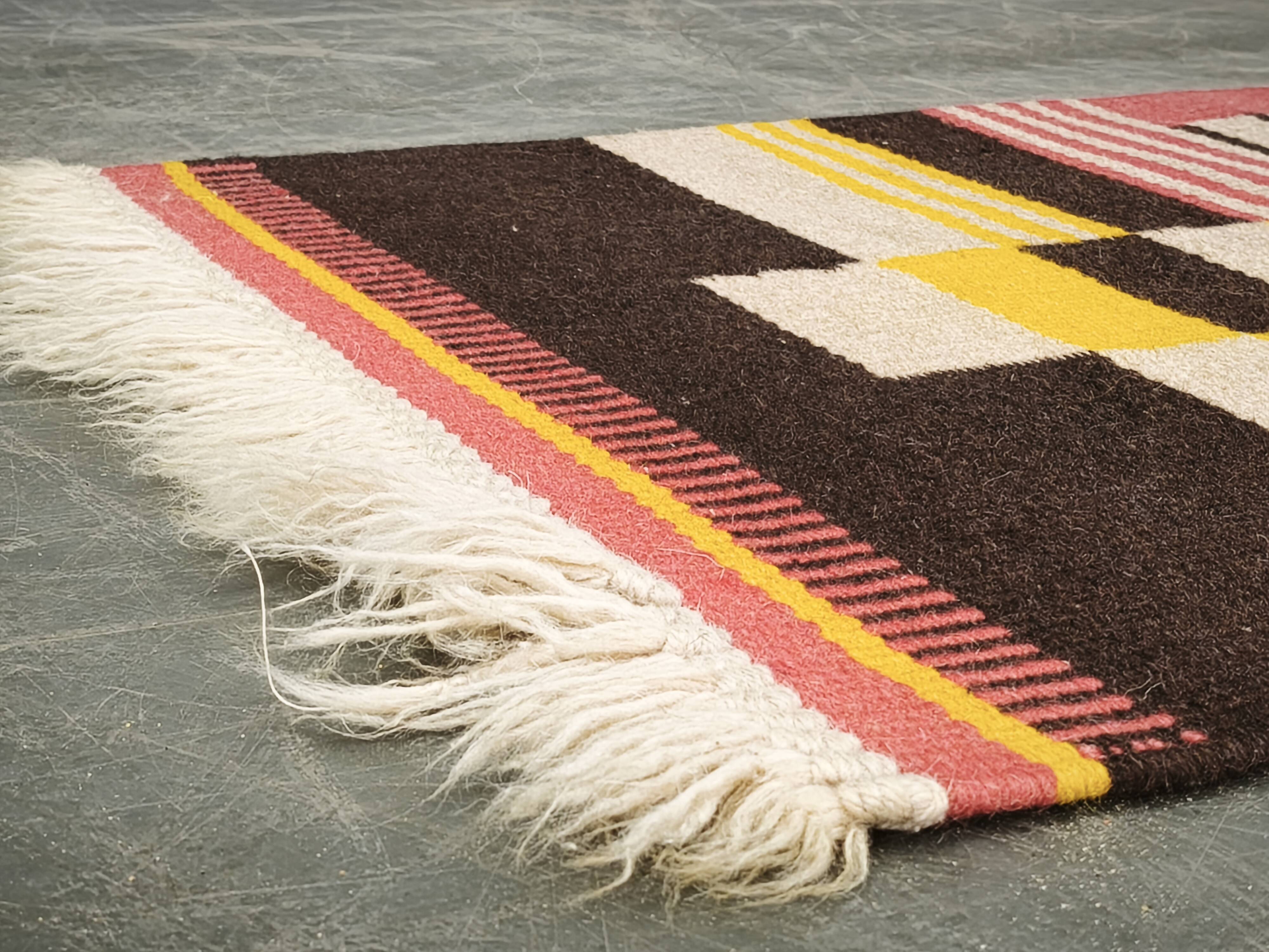 1950s Czech Geometric Wool Kilim Rug in Pink Black and Yellow