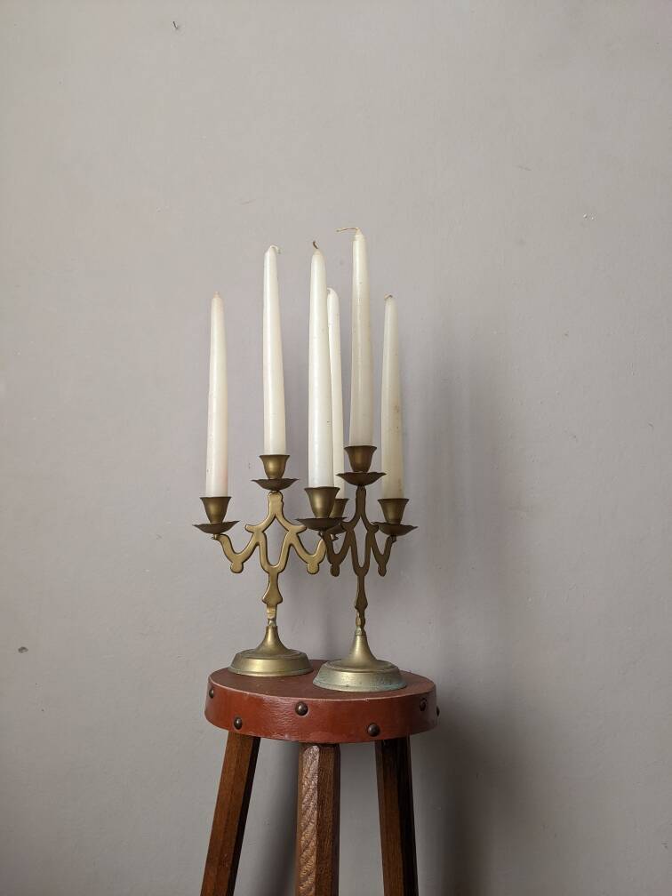 Pair of 3-branch brass candlesticks, Scandinavian country bohemian decoration