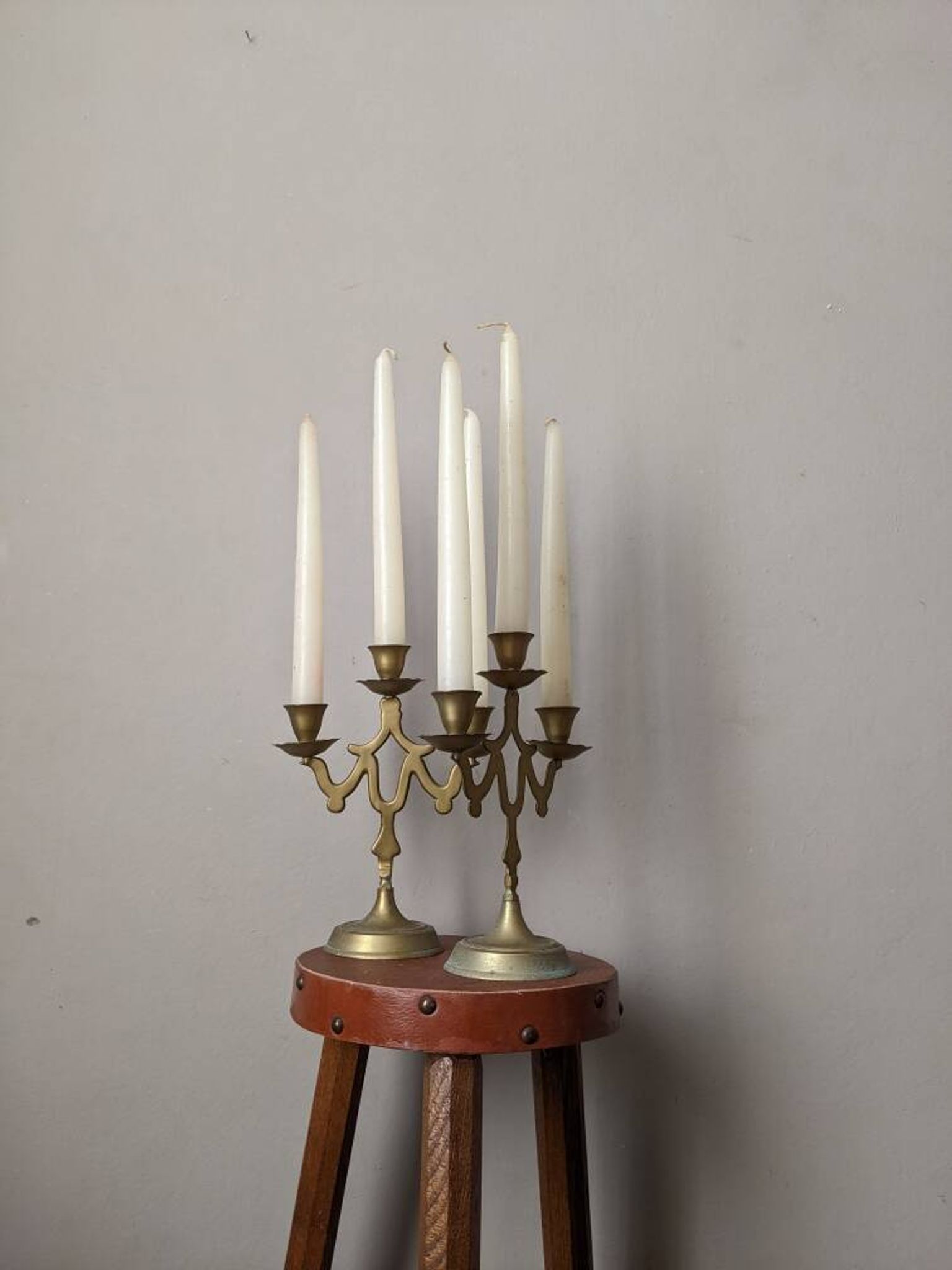 Pair of 3-branch brass candlesticks, Scandinavian country bohemian decoration