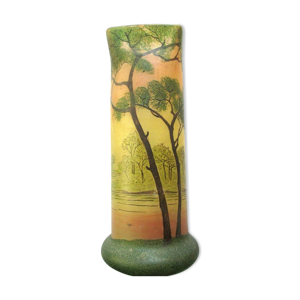 vase Art Nouveau, verre émaillé Legras: Paysage aux grands arbres
