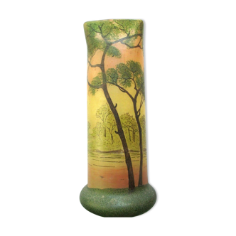 Art Nouveau vase, Enamelled glass Legras: Landscape with large trees