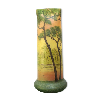 Vase Art Nouveau, verre émaillé Legras: Paysage aux grands arbres