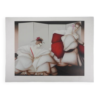 Philippe Augé: Women in white dresses, original signed lithograph