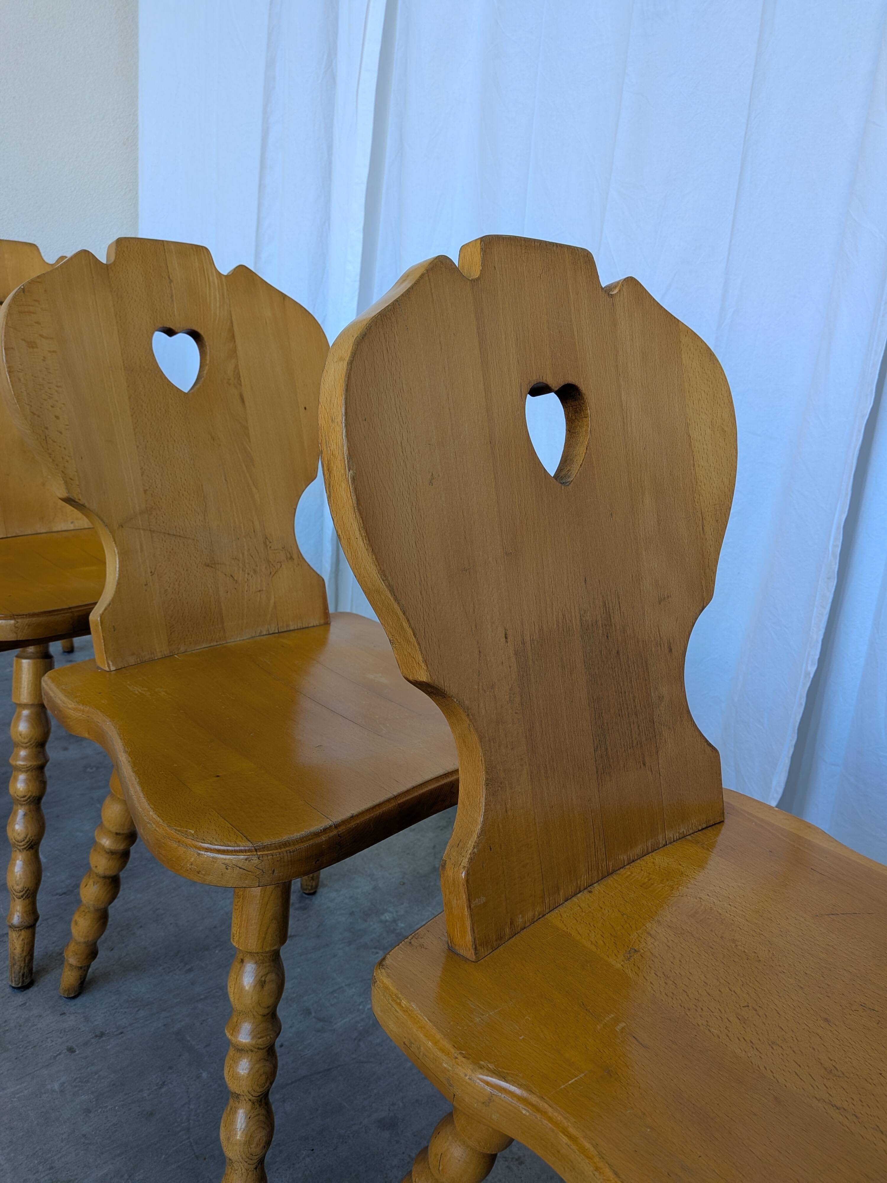 Set of 4 Vintage Tyrolean Heart Cutout Wooden Dining Chairs