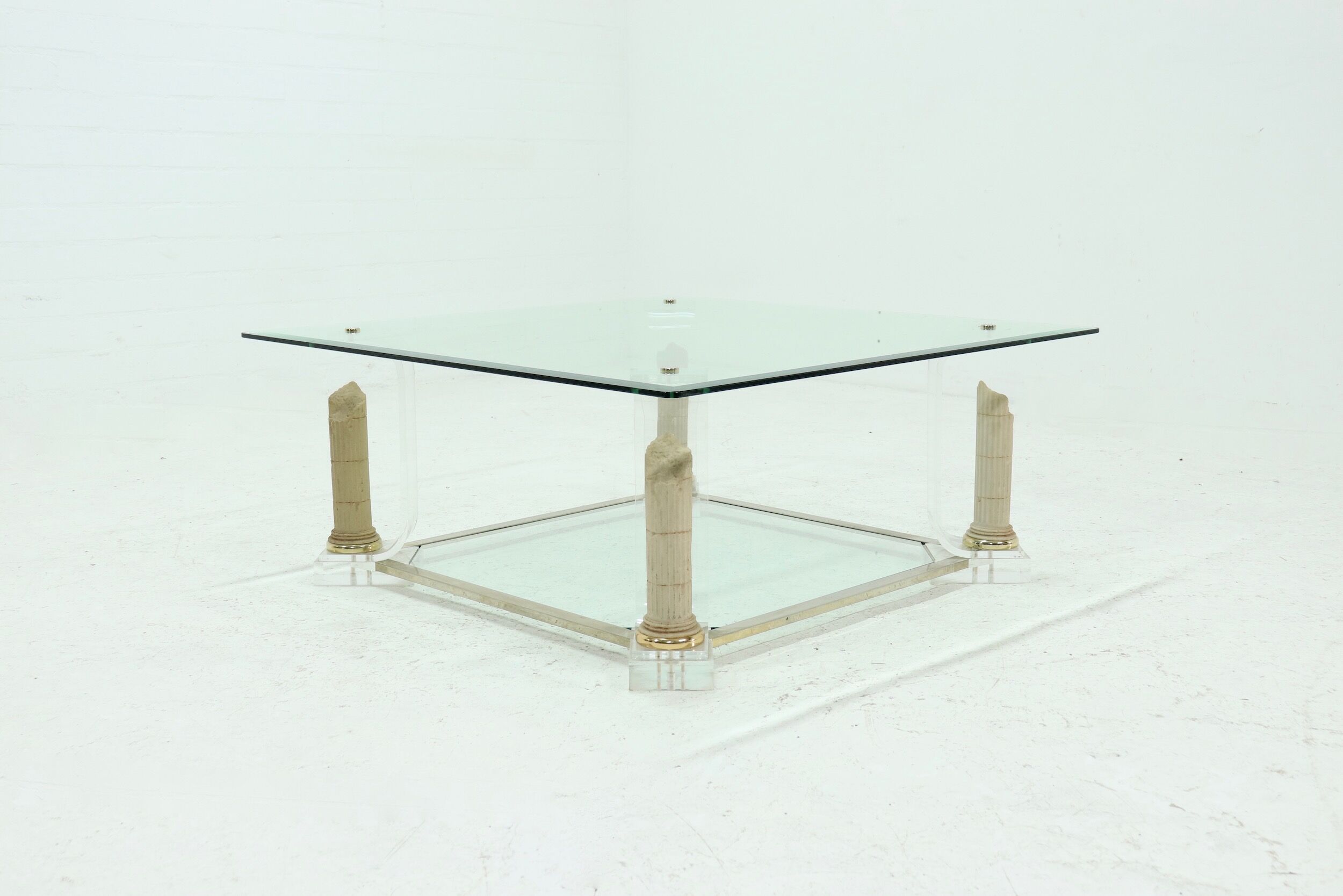 Two Tier Regency Lucite & Glass Pedestal Coffee table 1980s