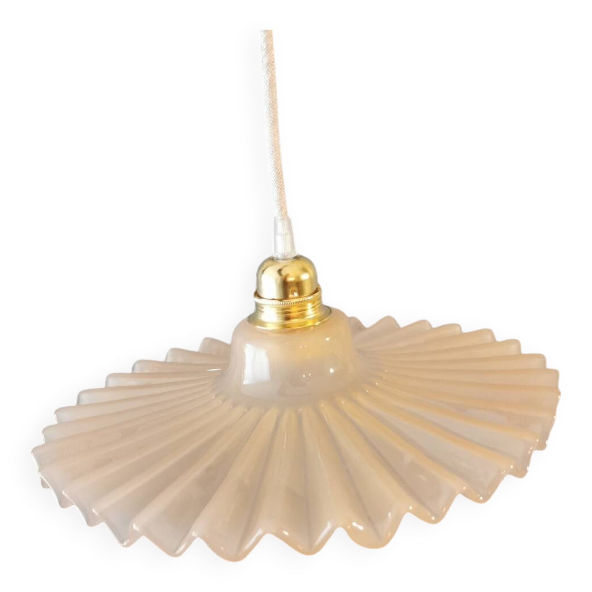 Vintage opaline pink pleated molded glass pendant light