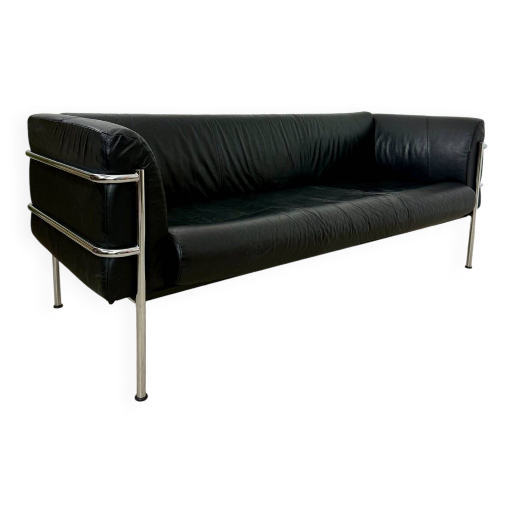 Old 3-seater sofa in tubular and black leather by Kébé, Denmark 1970s