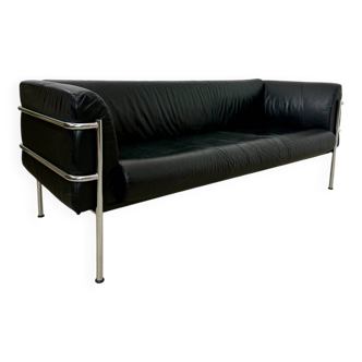 Old 3-seater sofa in tubular and black leather by Kébé, Denmark 1970s