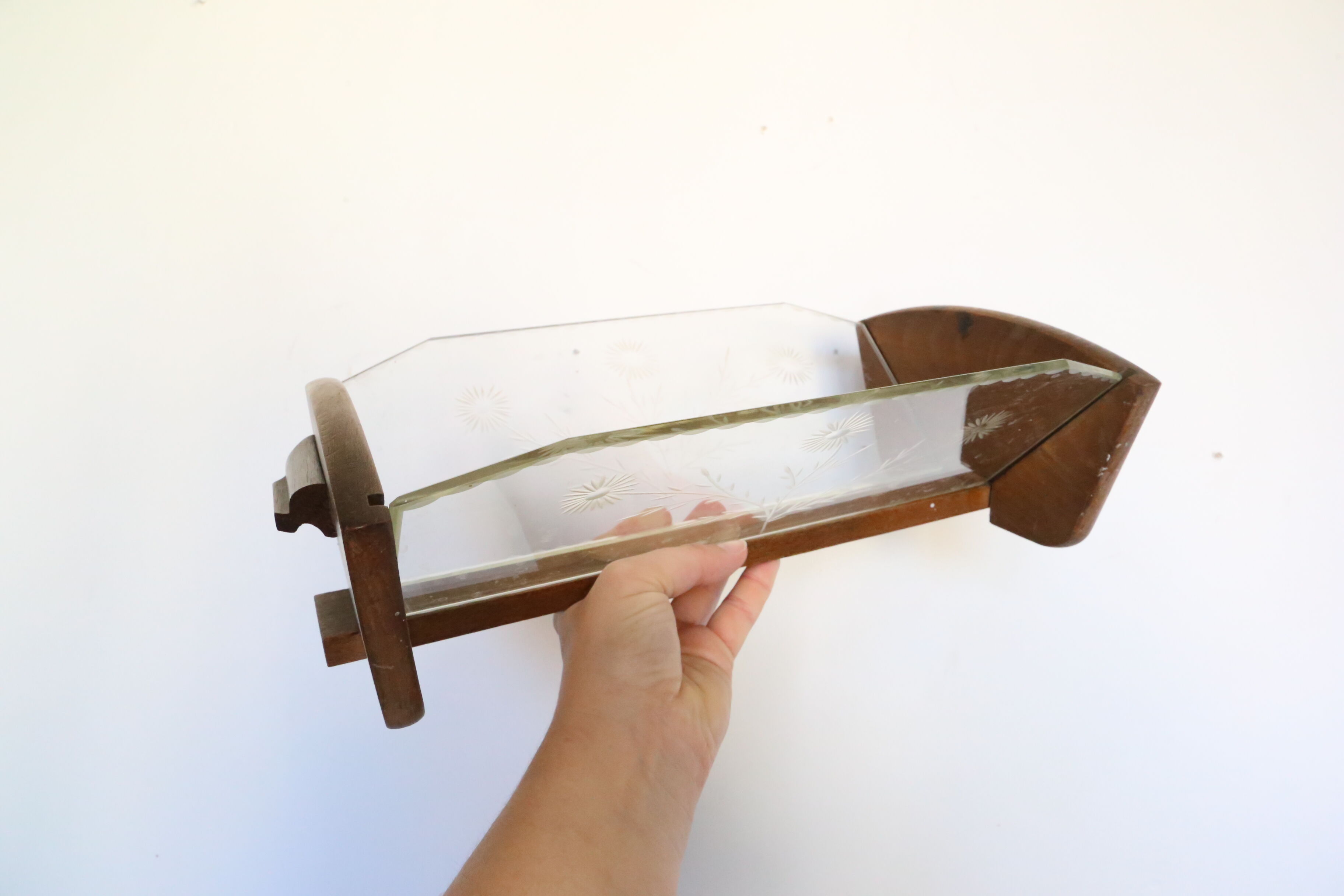 Trinket bowl wooden and glass with chiseled ornaments