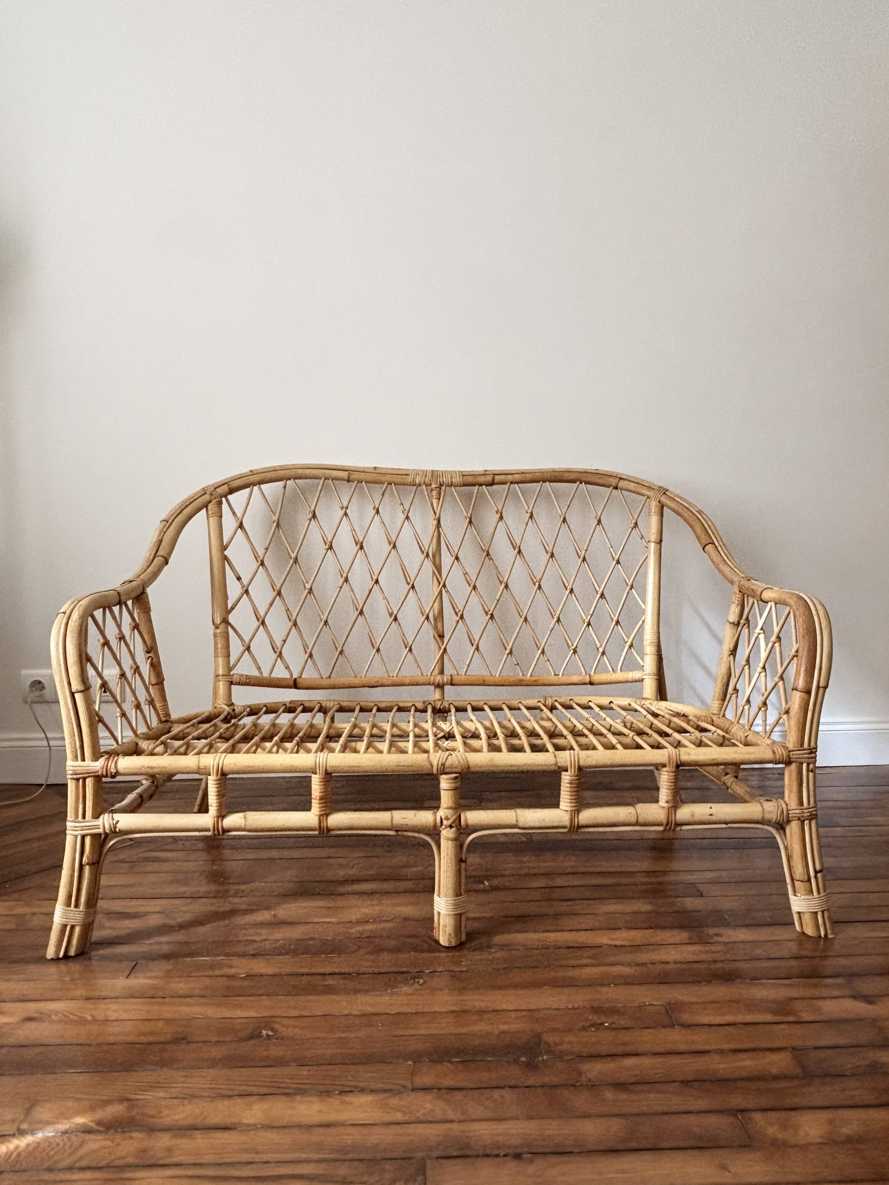 Vintage rattan two-seater sofa