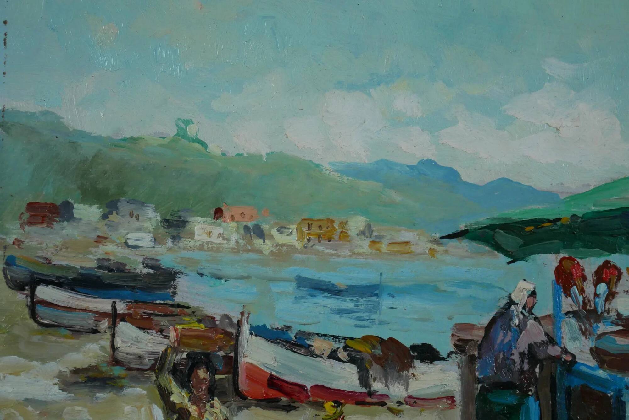 At the market by the port. Small painting signed Guglielmo Curti.