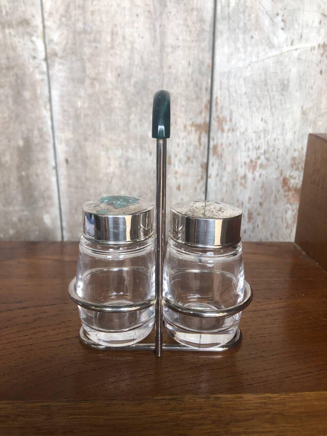 Old Service Salt Pepper Shaker Molded Glass + Vintage Silver Metal