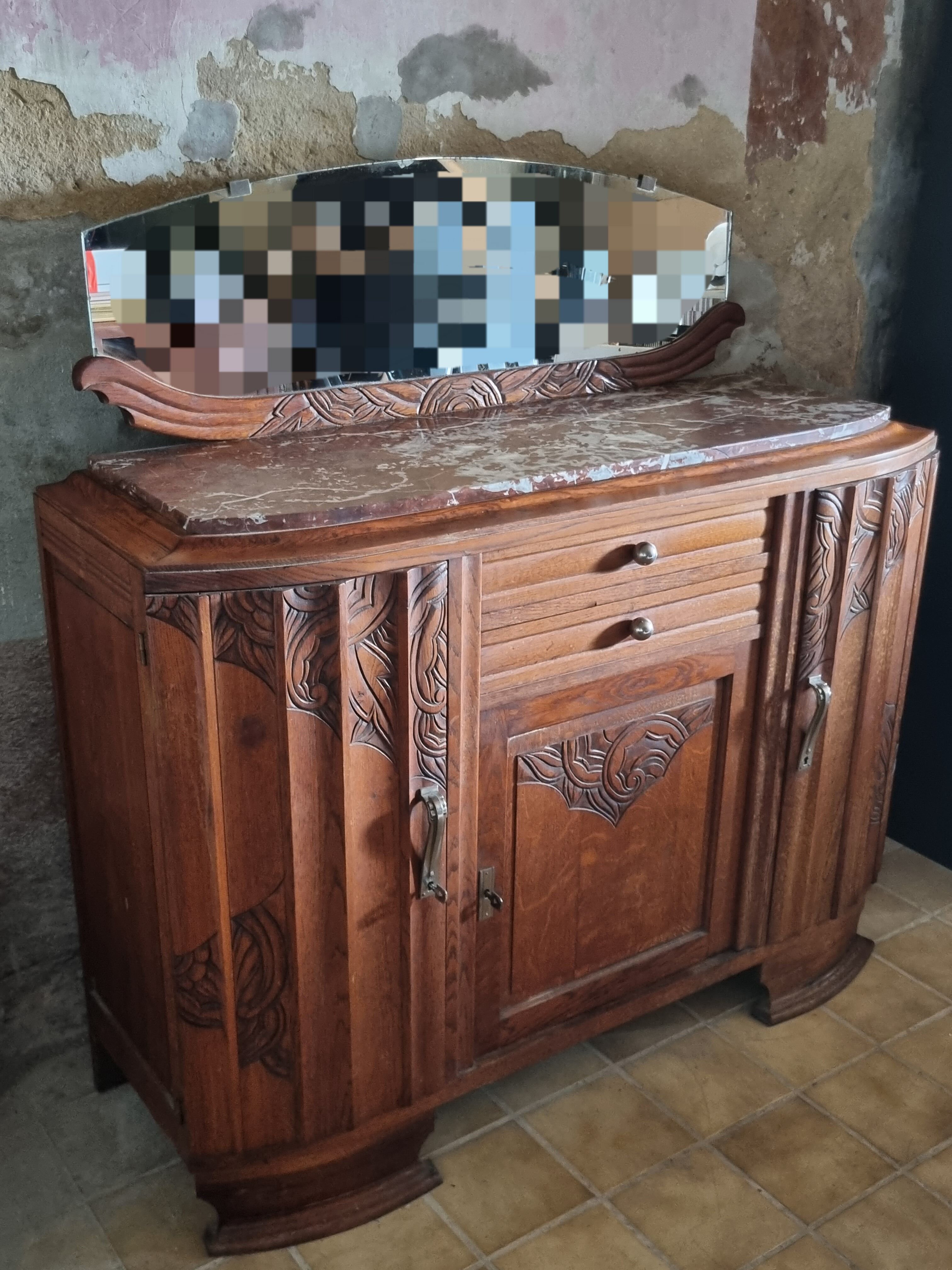 Old low art deco style sideboard, with marble and mirror