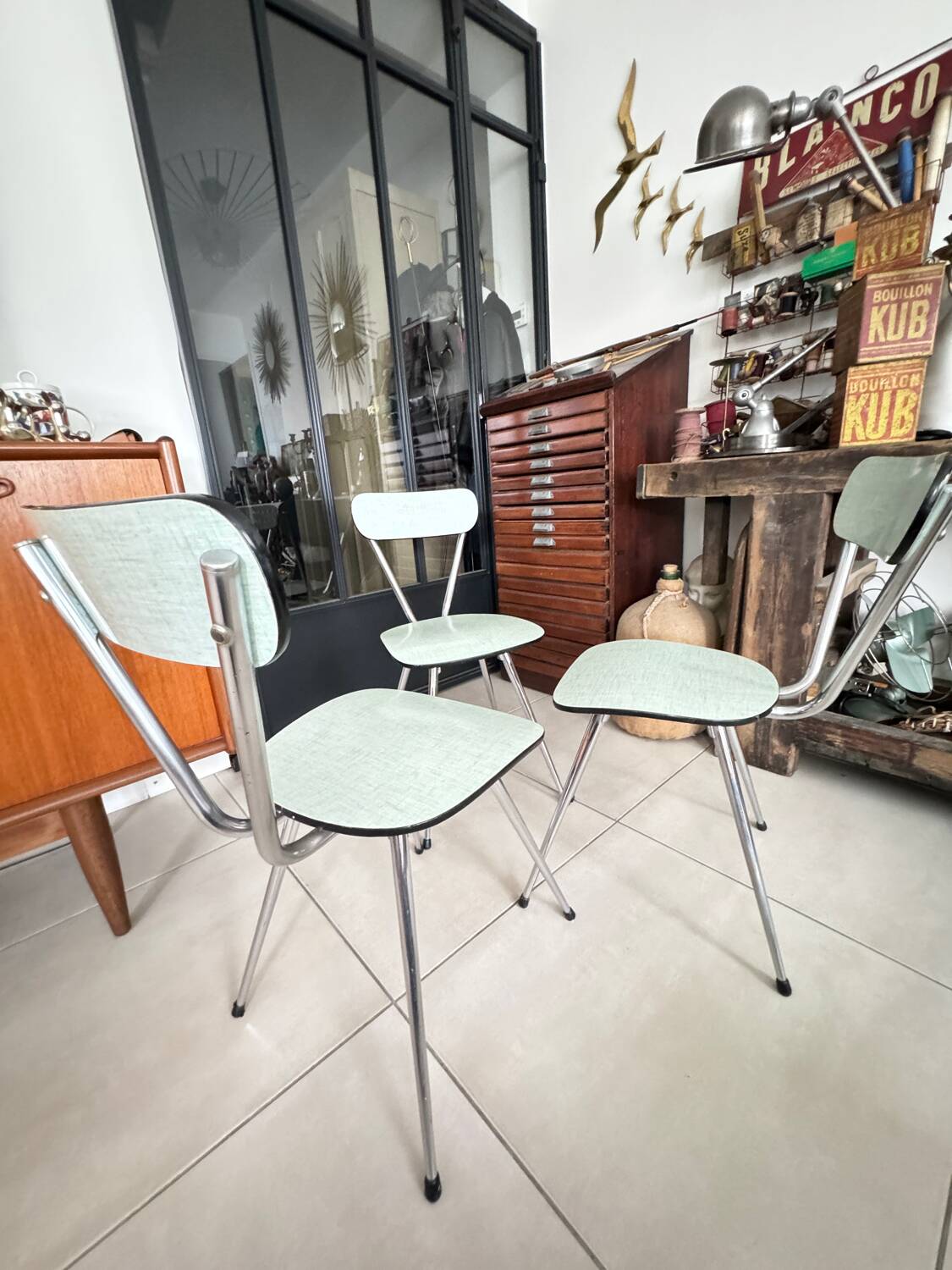 Set of 3 green Formica chairs