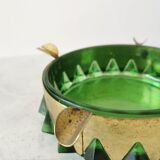 Cendrier en cristal vert et or vintage / Cendrier rond en verre de style mid-century modern