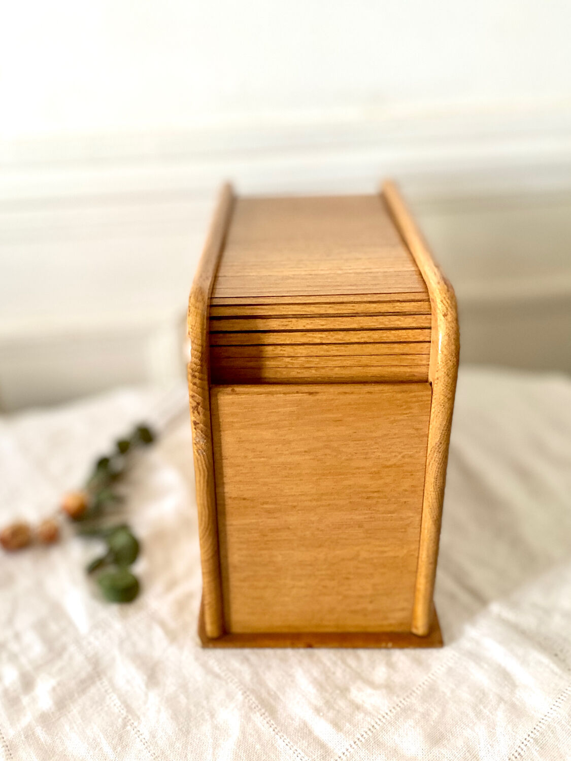 Wooden index card box vintage curtain file