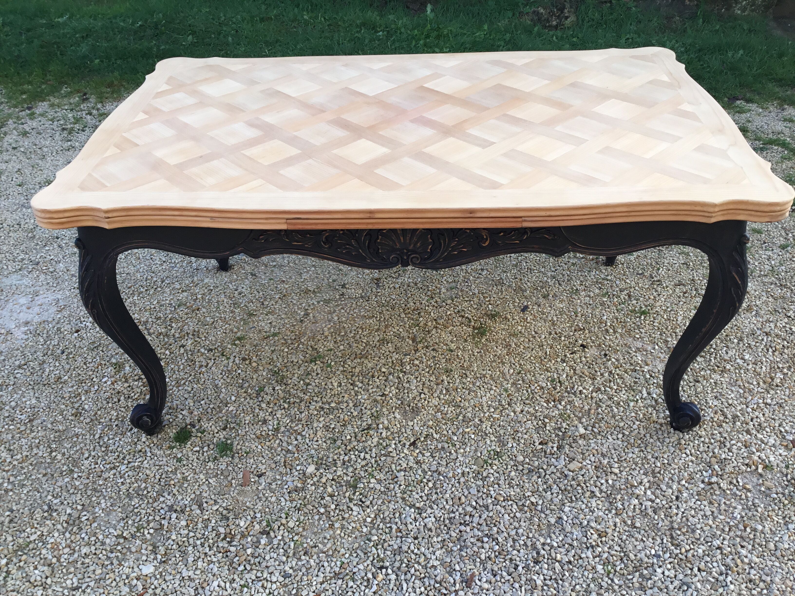 Louis XV style table in cherry wood restyled base in black and raw wood top