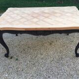 Louis XV style table in cherry wood restyled base in black and raw wood top