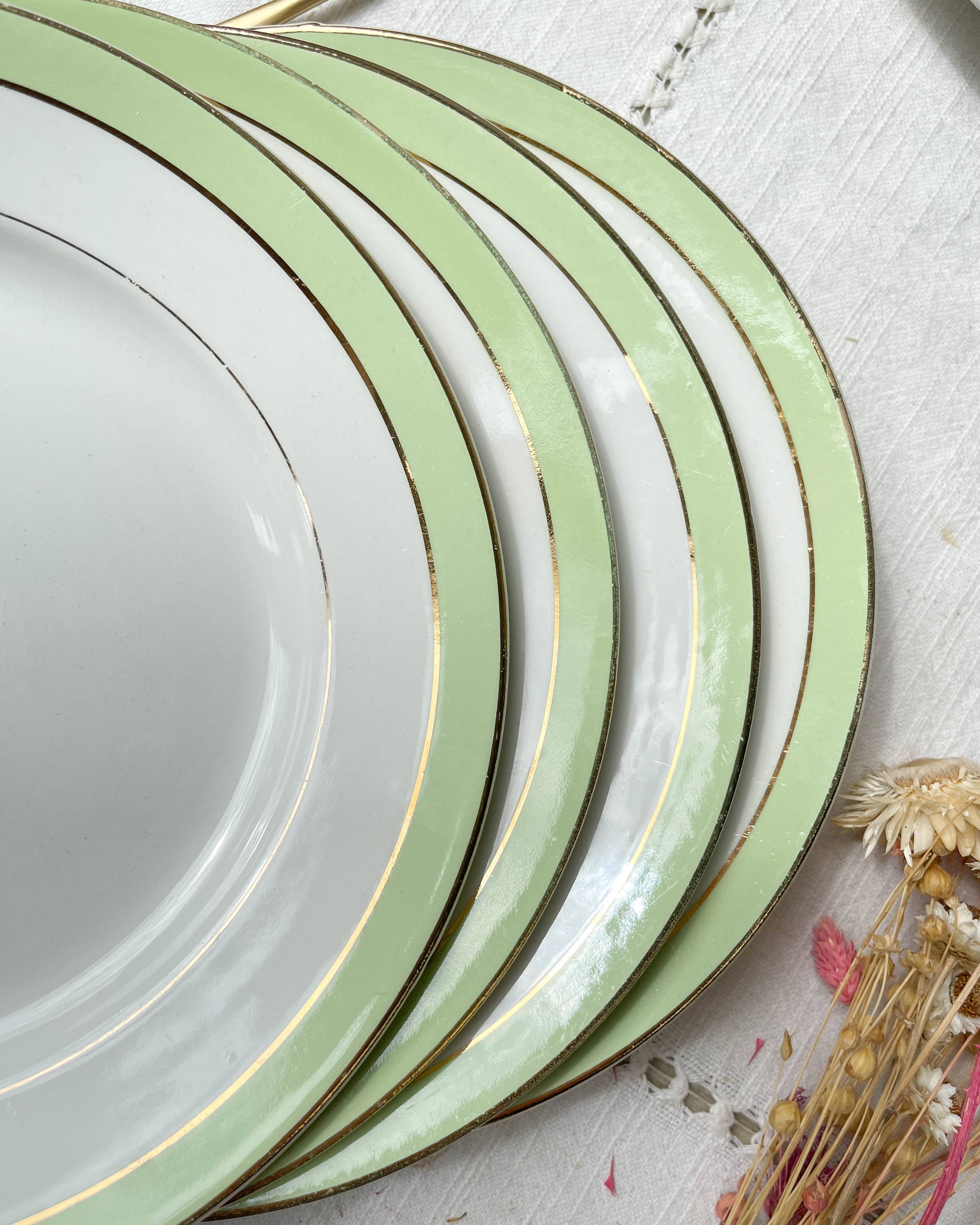 6 Vintage French Orchies "VILLARS" dinner plates 1950 white green gold