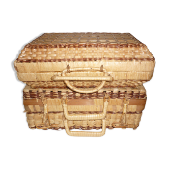 2 woven wicker suitcases