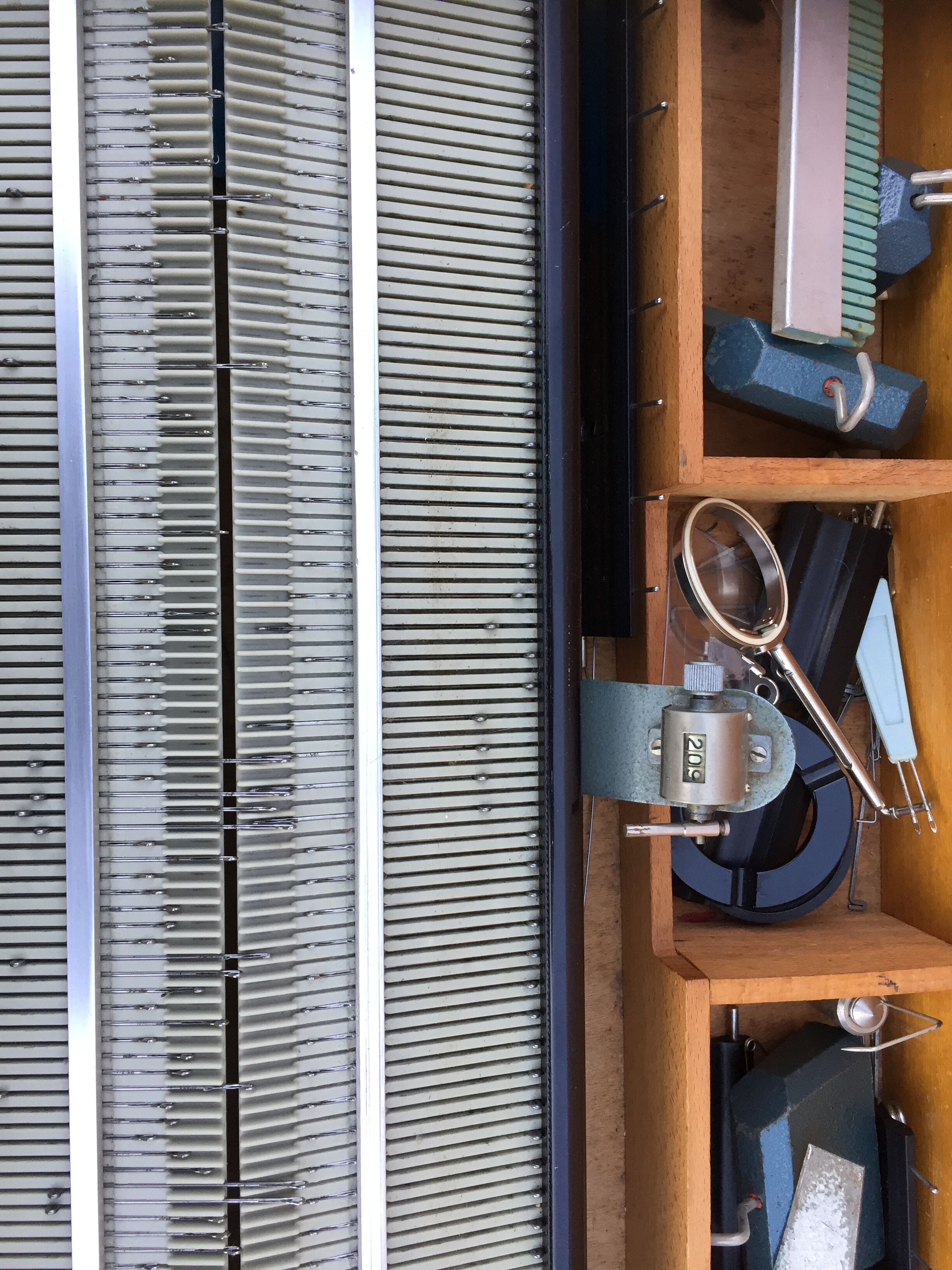 Vintage oak console desk table with square metal tube base (knitting machine)