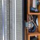 Vintage oak console desk table with square metal tube base (knitting machine)