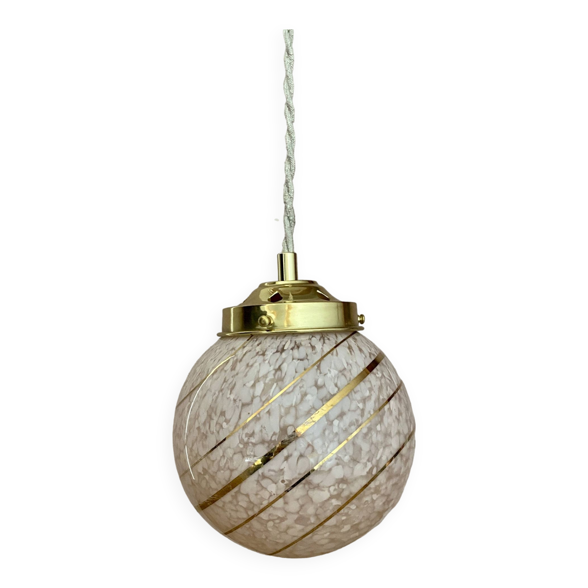 Vintage art deco globe pendant light in pink and gold Clichy glass