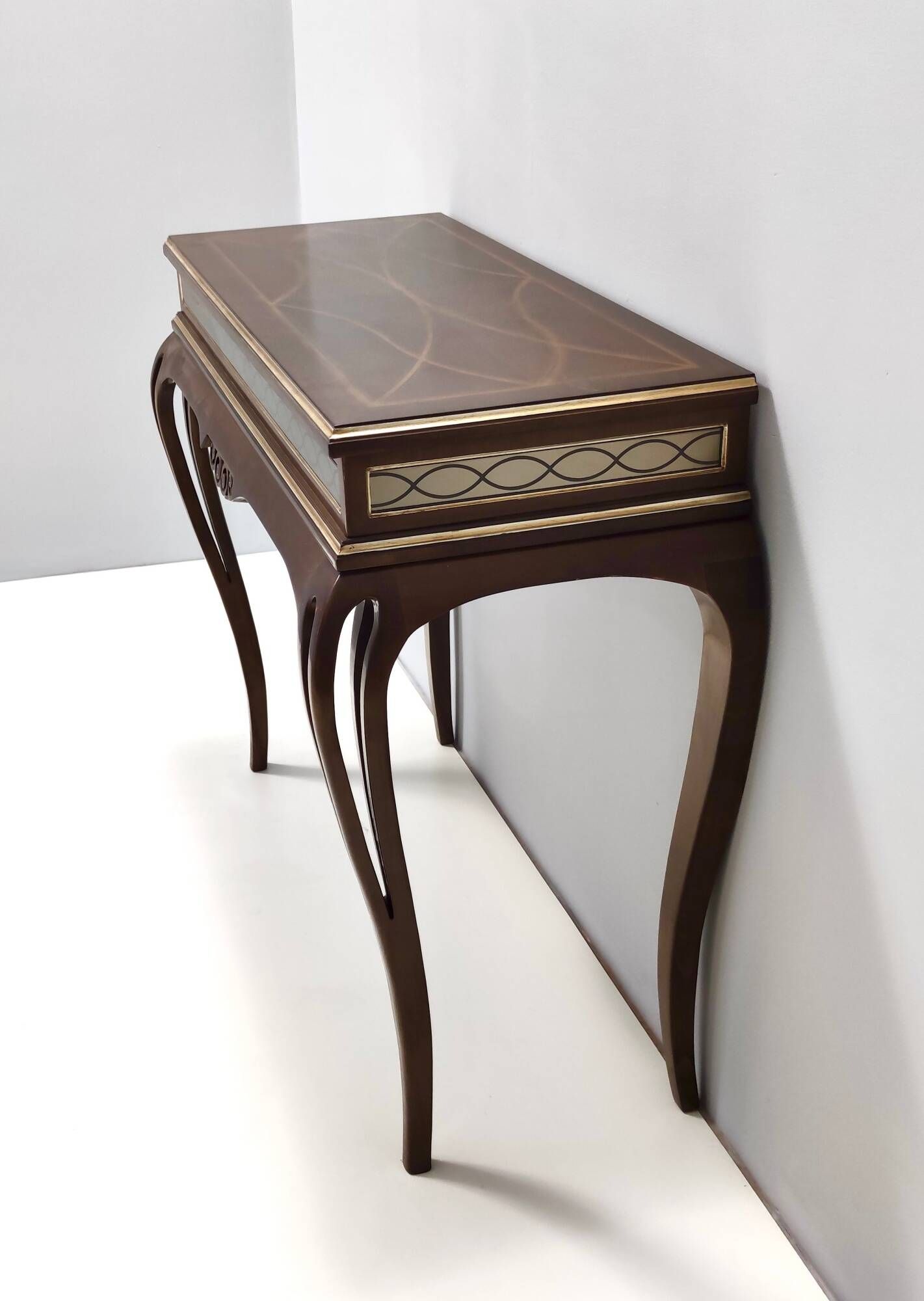 Vintage Rectangular Solid Walnut Console Table with Engraved Mirror Motif, Italy