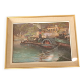 Huile sur panneau de bois scène fluviale quai Rambaud Lyon Charles Lacour