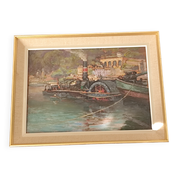 Oil on wood panel river scene Quai Rambaud Lyon Charles Lacour