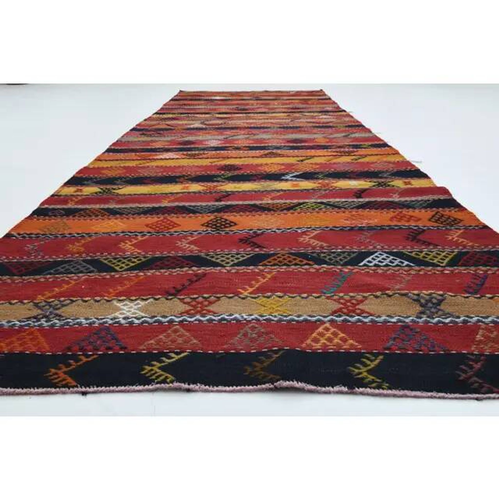 1970s Vintage Turkish Oushak Handmade Wool Cotton Red Runner Rug 124x382