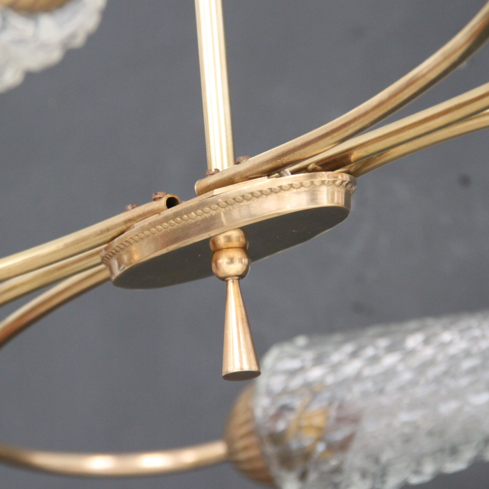 Vintage brass chandelier, moulded glass tulip lampday, circa 1950