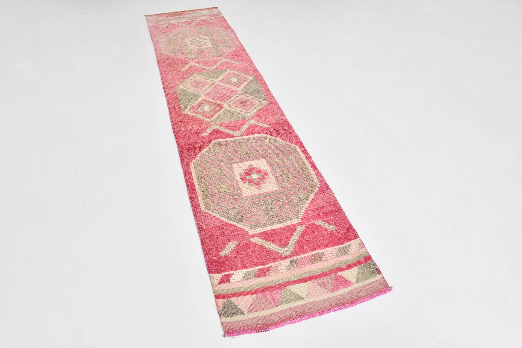 2x10 Pink & Green Tribal Vintage Runner Rug, 70x309Cm