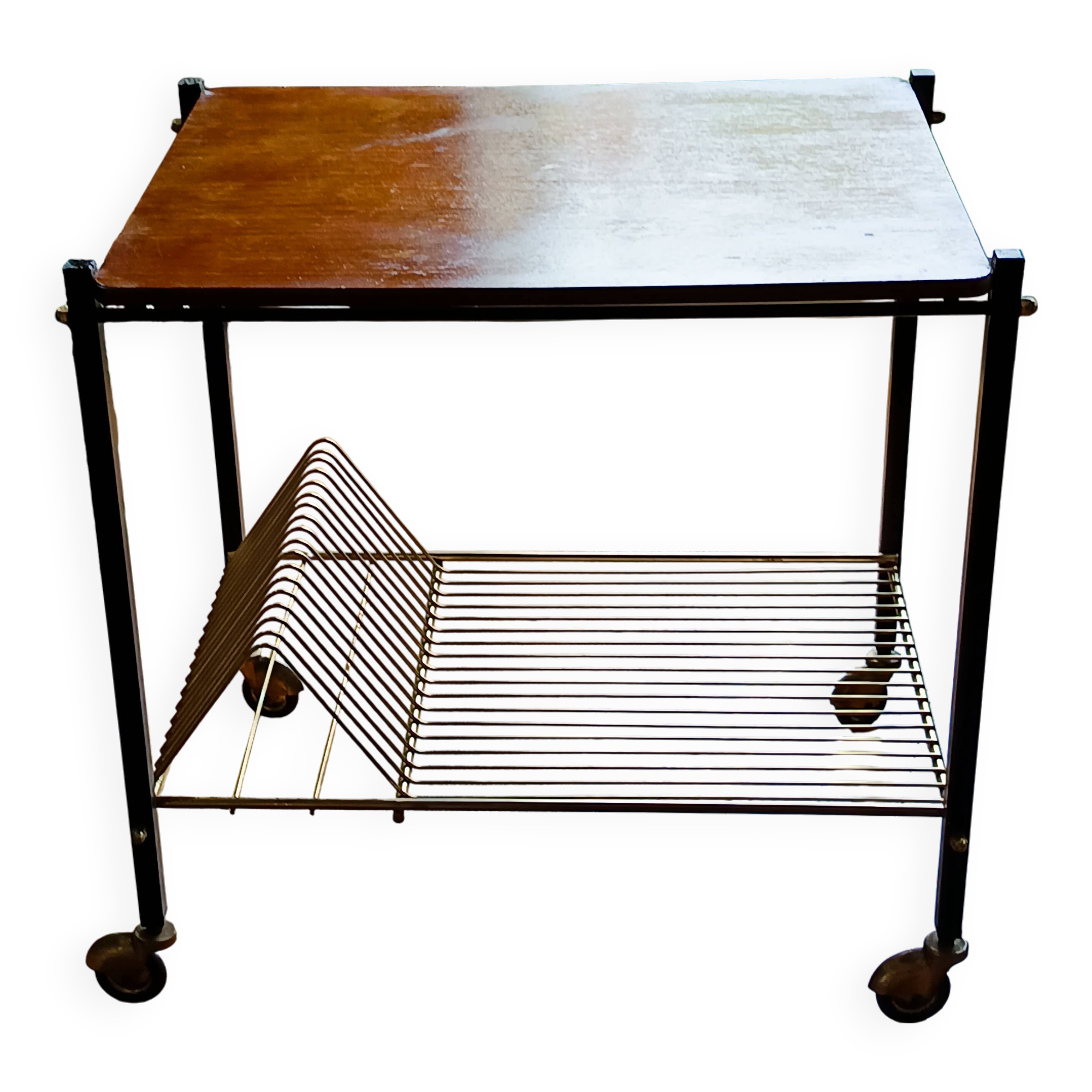 table roulante porte vinyles vintage des années 60 dessus bois