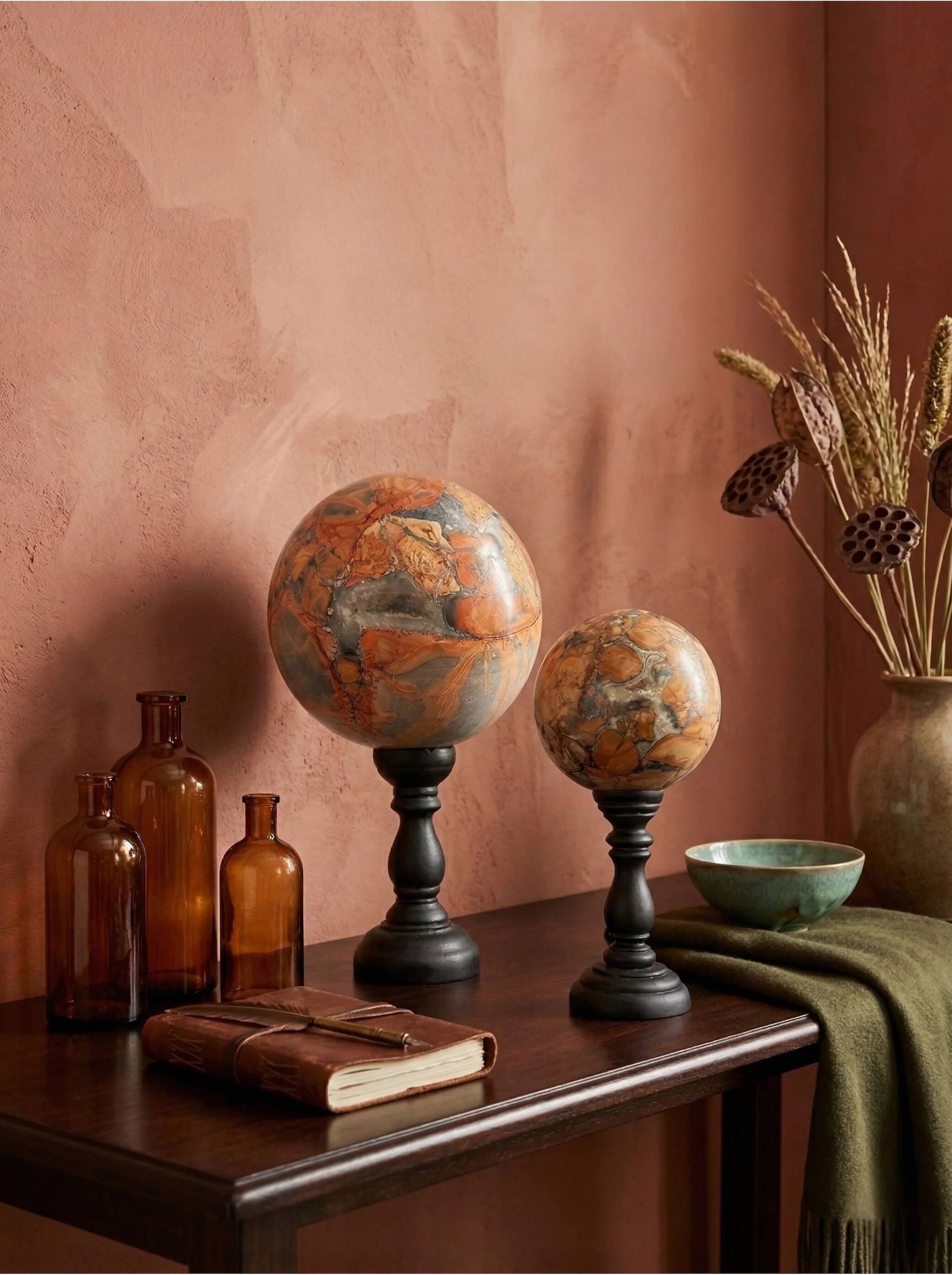 Stunning red Maligano jasper spheres on bases — Decorative mineral duo