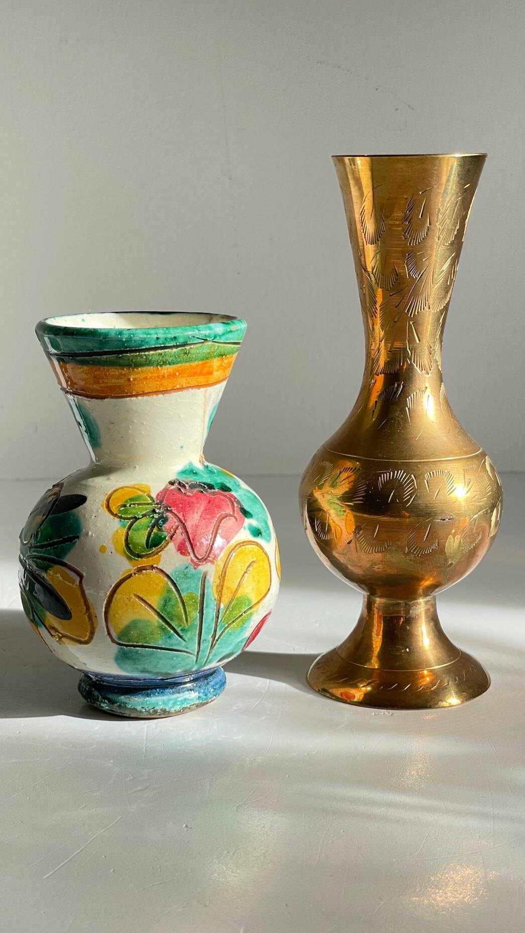 Vases céramique artisanale laiton ciselé vintage