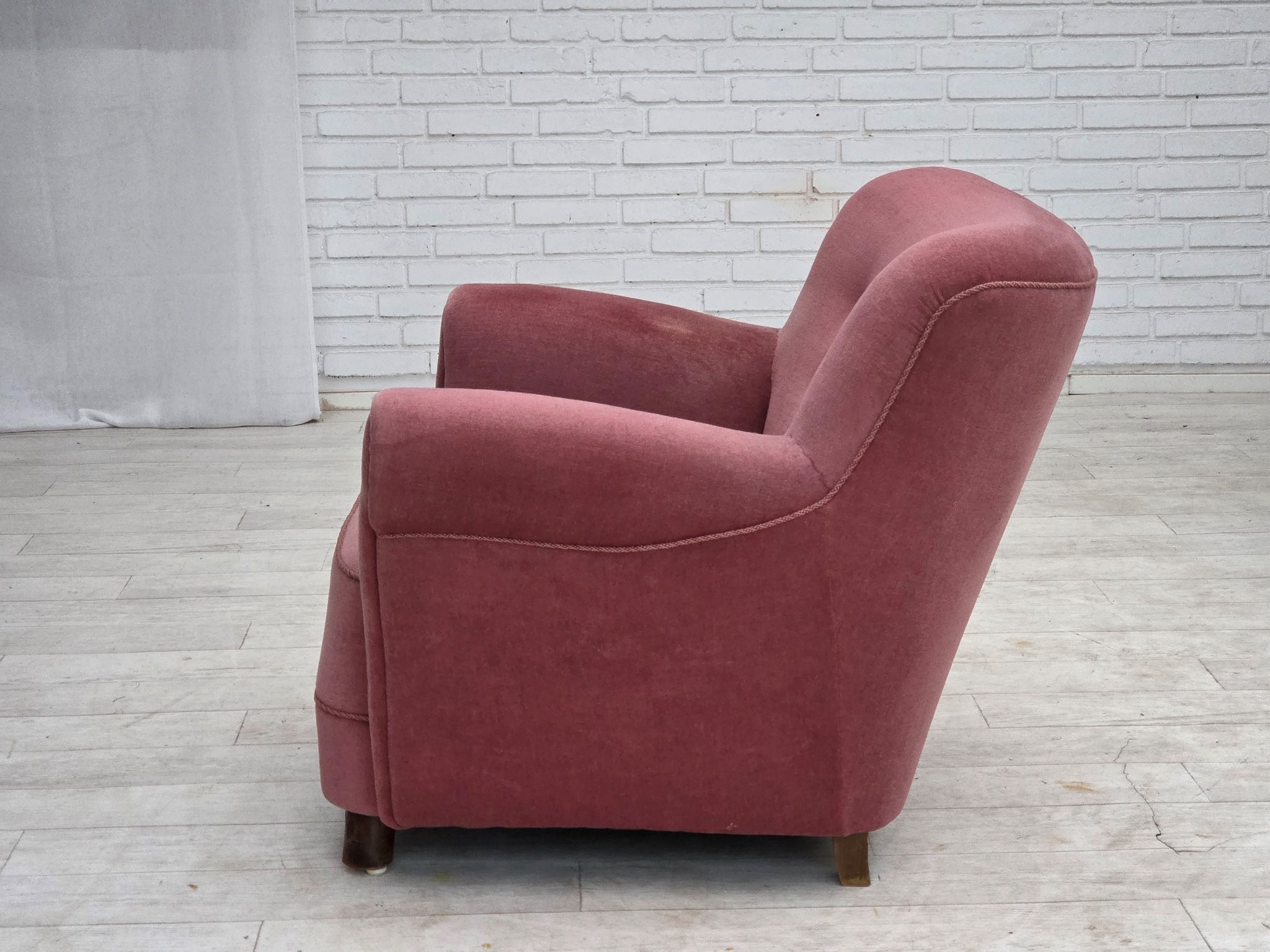 1960s, Danish relax armchair, furniture velour, oak wood.