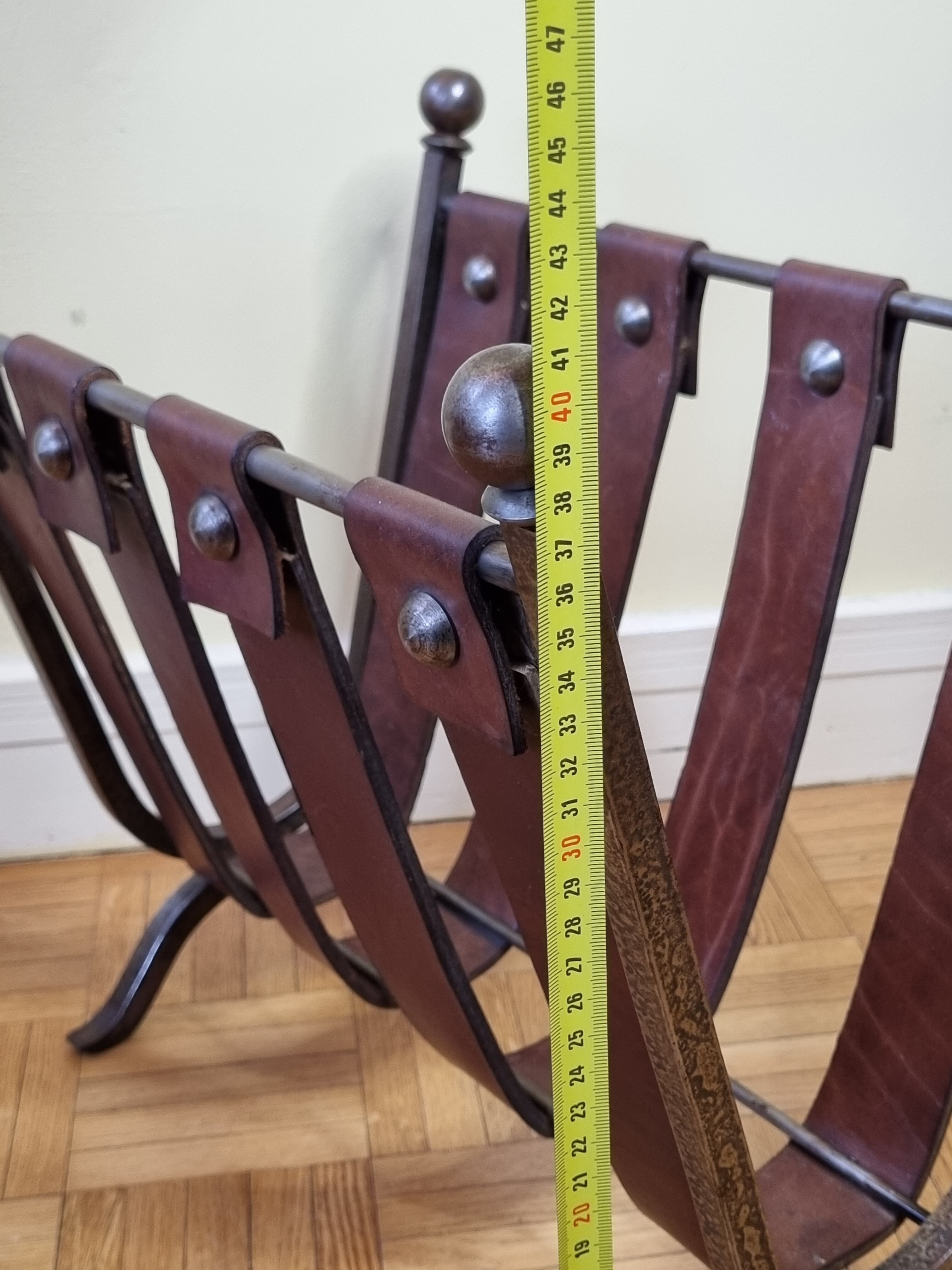 Magazine door in leather and forged metal, brutalist, 50s