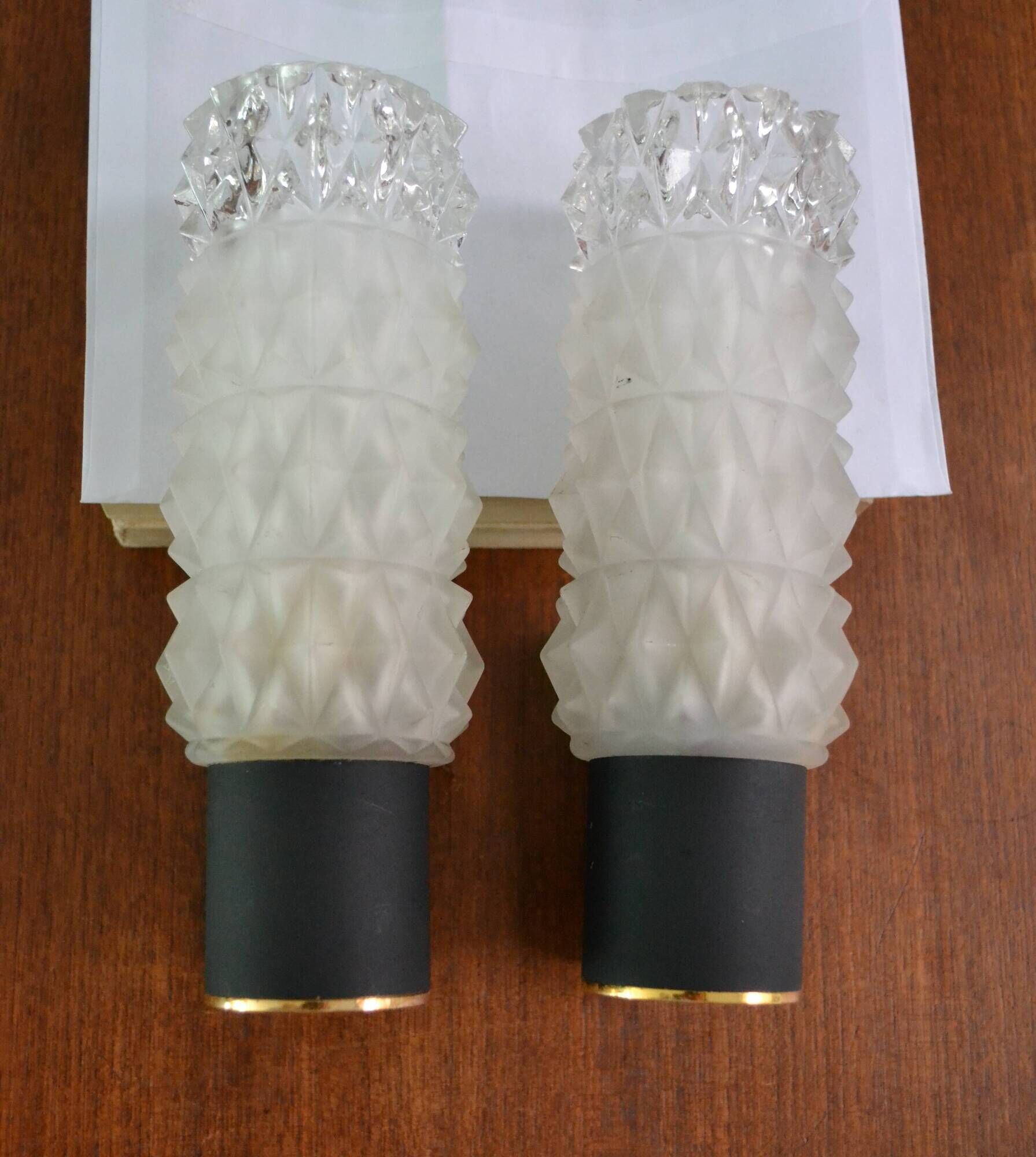 Pair of Arlus sconces with golden brass and glass, 50